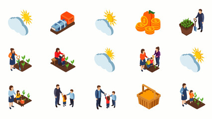 Fototapeta premium This isometric illustration set beautifully captures the essence of sustainable agriculture, family gardening, economic growth, and community collaboration.
