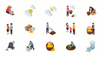 A vibrant isometric icon collection depicting various gardening, farming, and agricultural processes, ideal for sustainable lifestyle and environmental design projects.