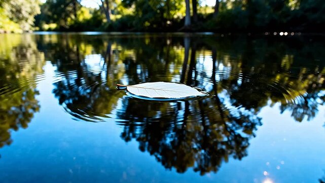 A single leaf floats on a calm lake, creating ripples in the water with tree reflections visible.