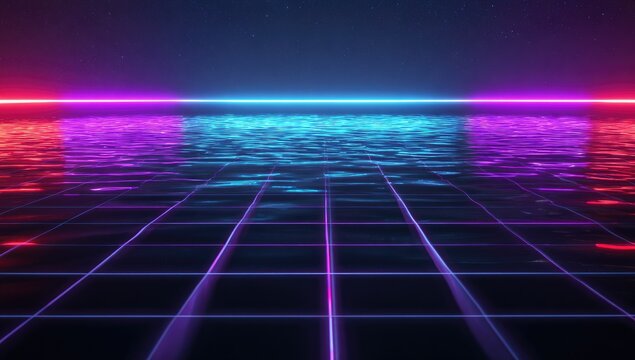 Retro neon grid over water reflects starry sky in a dark, atmospheric, and futuristic abstract composition - Powered by Adobe