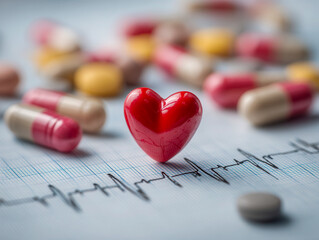Red heart figurine standing on electrocardiogram graph surrounded by various colorful capsules and tablets symbolizing heart health and medical care concepts