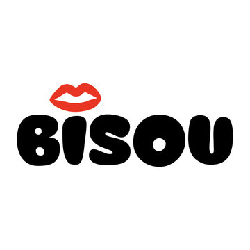 Minimal bisou (French is kiss) typography logo with red lips icon in modern black and white style. Suitable for beauty branding, fashion prints, stickers, cosmetics packaging, and social media design.