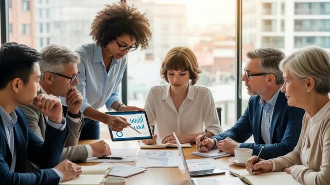 Business team meeting around table with digital tablet presentation