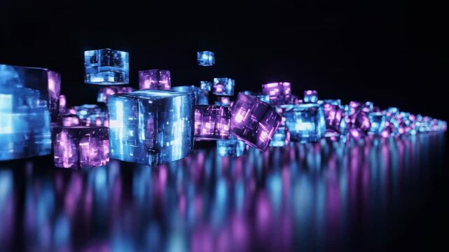 Seamless loop of glowing futuristic blue and purple cubical shapes scrolling horizontally across a dark plane scrolling horizontally, clean, perfect loop