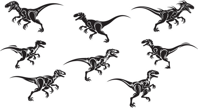 Fierce Tribal Velociraptor Dinosaur Hunter Vector Tattoo Set