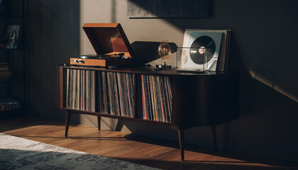 Evocative image of a vintage record player atop a cabinet filled with vinyl records, bathed in warm sunlight. Nostalgia, music, and analog vibes. Ideal for lifestyle content.