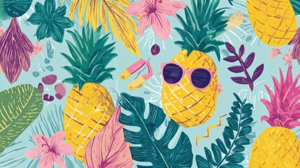 Bright and vibrant tropical pattern with pineapples flowers and lush leaves in summer colors.