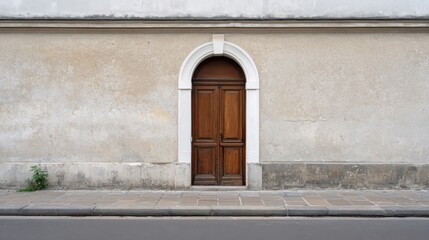 Classic architecture with vintage wooden door on weathered wall
