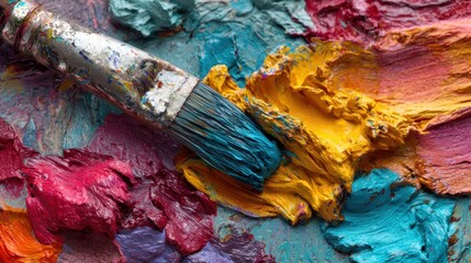 A brush mixes vivid colors on a textured palette capturing the essence of artistic exploration.