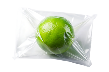 Fresh green lime citrus fruit vacuum sealed in clear transparent protective plastic packaging wrapper, isolated on a transparent background