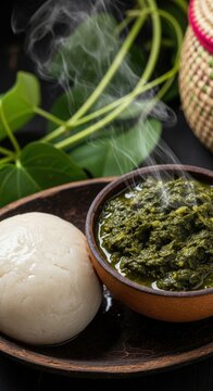 Smooth Cameroonian Water Fufu with Eru &ndash; Steaming Cassava Dough & Wild Spinach Stew in Calabash, Rainforest Light, Sony 90mm Macro