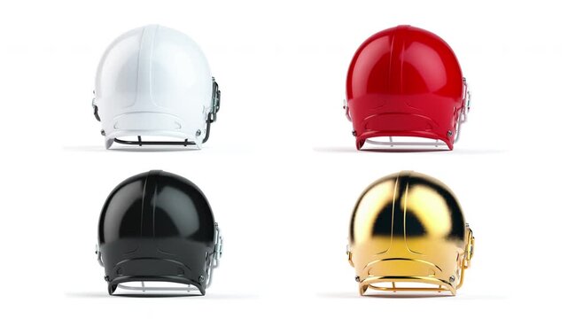 American football helmets of various colors isolated on white background. 3d animation