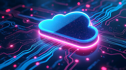 Glowing blue cloud computing icon on a futuristic digital circuit board with neon light trails