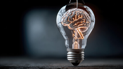 Human brain enclosed within a light bulb, symbolizing the origin of innovative ideas, a bright mind generating solutions, and the power of human intellect for creating new developments