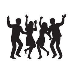 Silhouettes of a diverse group of people dancing and celebrating party fun