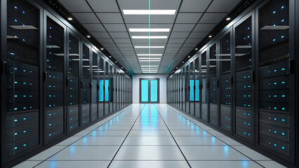Long corridor in a modern data center with server racks and glowing blue light at the end