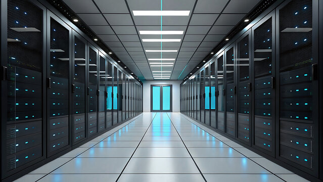 Long corridor in a modern data center with server racks and glowing blue light at the end