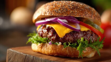 A delicious burger with melted cheese crisp lettuce and colorful toppings sits on a wooden surface.