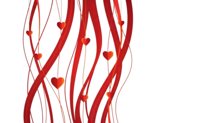 Abstract red ribbon border with hanging heart shape decoration isolated on transparent background