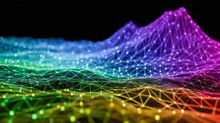 Vibrant rainbow-colored wireframe landscape with glowing nodes and geometric mesh structure creating a futuristic digital terrain against a black background
