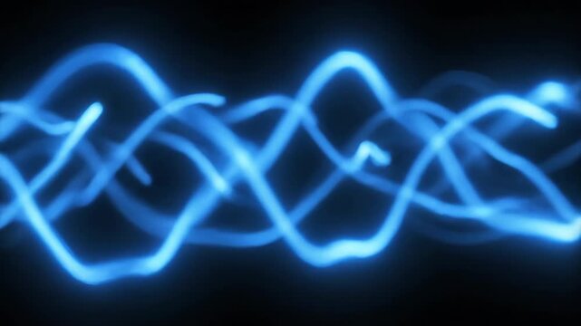 Seamless loop of glowing neon blue light trails weaving and flowing across a dark background, creating organic serpentine patterns outro, cyber, stream