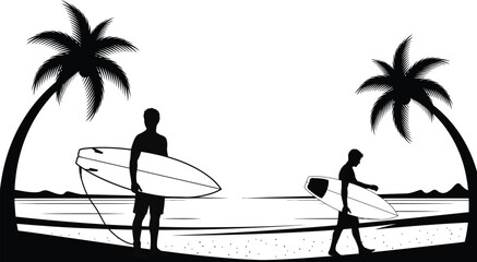 Silhouettes of surfers with surfboards standing under palm trees on a tropical beach at sunset