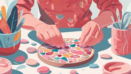 Creating a Colorful Mosaic: A Person's Hands Carefully Placing Tiles onto a Circular Base