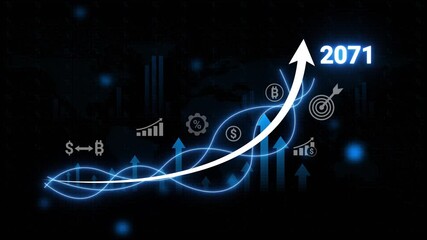 Upward financial trend for year 2071 with cryptocurrency and investment icons finance growth
