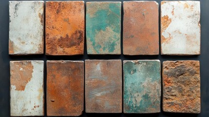 Aged and textured ceramic tiles showcasing a rustic and diverse color palette design