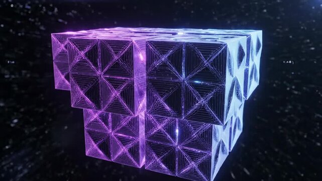 Seamless loop of glowing purple and blue geometric cubes rotating and expanding rhythmically across a deep dark digital spatial background concept, design, abstract background