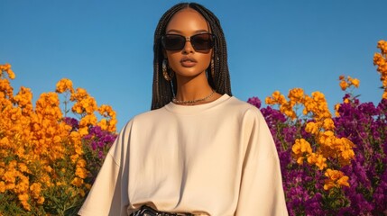 Portrait of fashionable woman with sunglasses in vibrant blooming flower field under clear blue sky