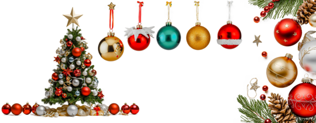 Christmas festive border frame with decorated tree, hanging ornaments, baubles, pine branches, holly berries and golden accents on transparent background