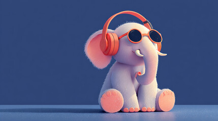 Stylized elephant head rocking fashionable mirrored sunglasses and sleek gold and white headphones, projecting a vibe of musical enjoyment and stylish individuality
