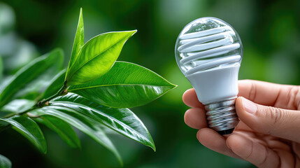 Hand holding glowing light bulb with green leaf, symbolizing sustainable energy concept, environmental innovation, and eco-friendly power solutions for a brighter future