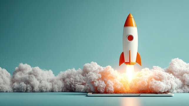 Rocket launching powerfully from a laptop screen, symbolizing business startup, digital innovation, technological progress, and virtual space exploration, achieving new heights