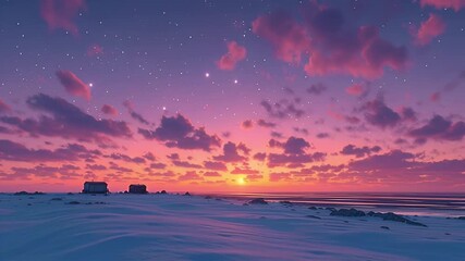 Snowy beach sunrise pastel sky with distant hut under stars and cloud kissed coastal landscape merging sunset sky ocean horizon sunrise starry clouds pink purple orange glow peaceful cottage - Powered by Adobe