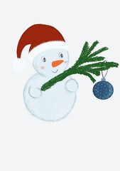 Cute winter illustration of a smiling snowman in a Santa hat holding a fir branch with a blue Christmas ornament, festive holiday design for greeting cards and seasonal decoration.