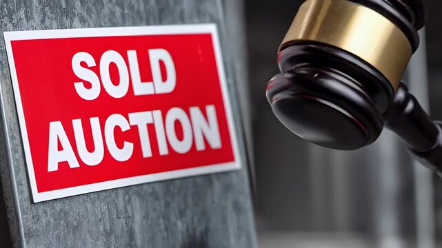 Sold auction sign wooden gavel striking metal surface conveying courtroom sale decision legal transaction tension and finality competitive bidding emotion sold auction gavel law courtroom hammer sale