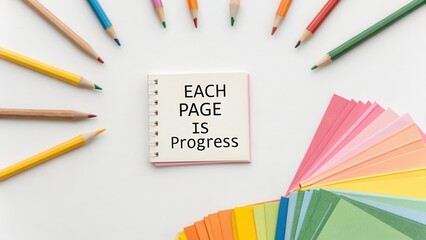 Notebook with quote and art pencils arranged in fan shape