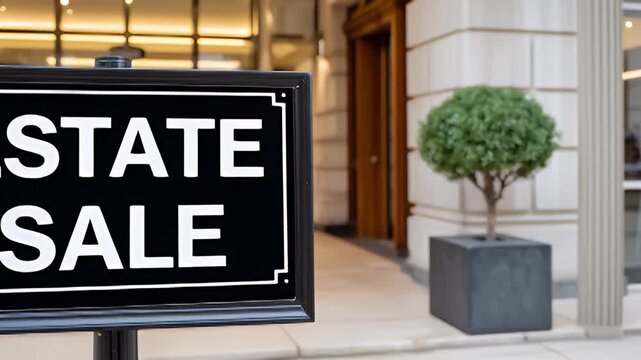 Estate sale sign outside urban storefront and elegant building entrance with decorative planters and sidewalk display announcing residential clearance event vintage furniture household items for sale - Powered by Adobe