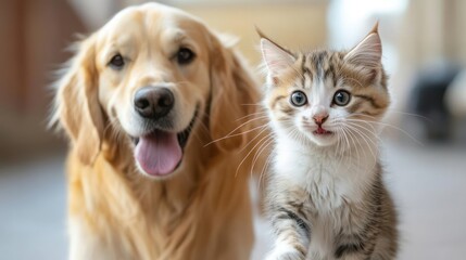 Golden retriever and tabby kitten posing together creating a heartwarming friendship scene indoors