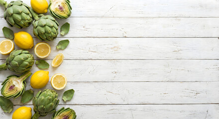 Fresh artichokes and sliced lemons scattered on a white rustic wooden background.