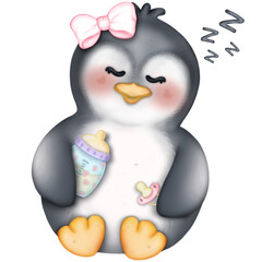 Cute hand drawn penguins collection in winter  kids cartoon set. Penguin animal winter, illustration holiday character