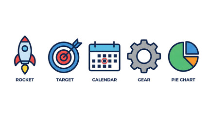 Pastel colored flat design icons of office and work from home essentials including a laptop, coffee cup, chair, clock, and headphones.