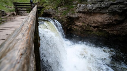Scenic waterfall view from a rustic wooden bridge highlighting natural beauty and flowing water