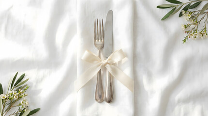 Elegant place setting: silver fork and knife tied with a bow on white linen, floral accents.