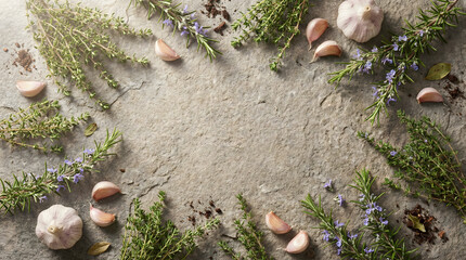 Rosemary, thyme, and garlic bulbs on a weathered stone counter, preparation ingredients.