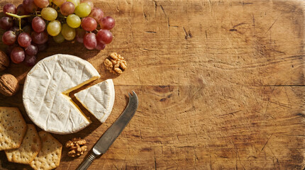 Elegant cheese board featuring Brie, grapes, walnuts, and crackers on rustic wood.