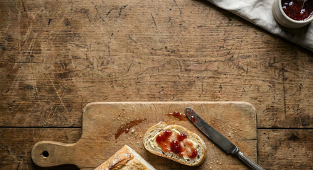Rustic bread with butter and strawberry jam on a small wood board, overhead view.