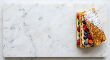 Elegant Mille-Feuille with fresh raspberries, blueberries, and powdered sugar on marble.